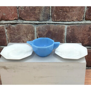 VTG Akro Agate Child's Glass Play Dishes Plates Pitcher Blue Manganese UV Glow‎